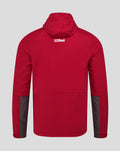 Rear view of rhythmic red packable hooded jacket with white 32Red logo on the upper back