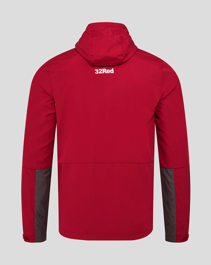 Back view of the red junior training hooded jacket showing gray shoulder panels and 32Red branding on the upper back