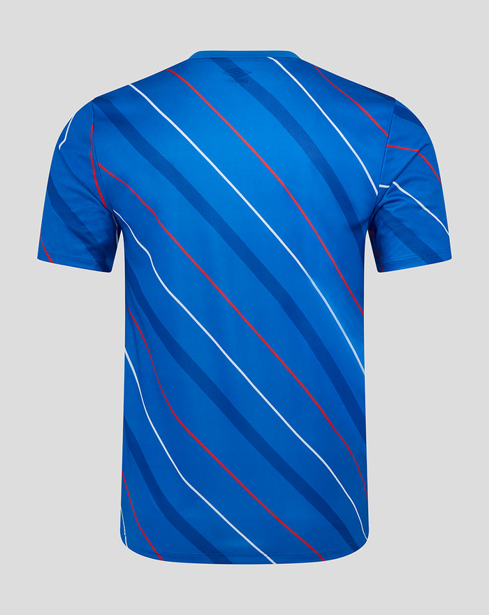 Back view of blue home jersey with diagonal white and red stripes.