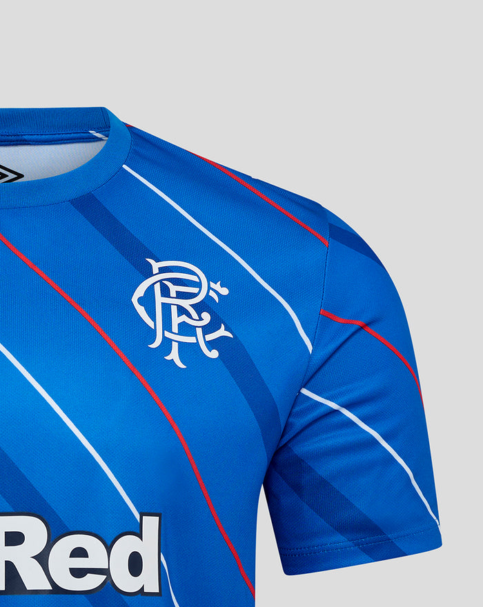 Close up of blue home matchday tee showing club crest, 32Red sponsor and diagonal stripes