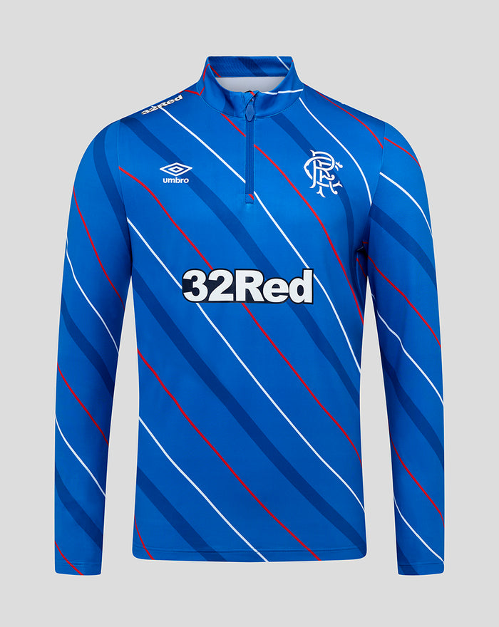 Unisex blue Rangers home matchday quarter zip jersey with diagonal stripes, club crest, Umbro logo and 32Red sponsor.