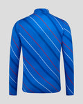 Back view of blue home matchday quarter zip jersey with diagonal red white navy stripes and collar