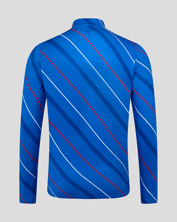 Back view of blue home matchday quarter zip jersey with diagonal red white navy stripes and collar