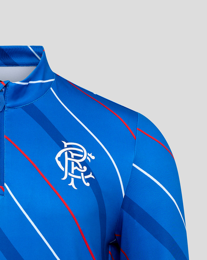 Close-up of blue Rangers jersey shoulder showing club crest and Umbro logo.