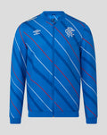Blue home matchday jacket with diagonal white and red stripes and club crest on the chest.