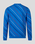 Back view of a blue unisex home matchday jacket with diagonal red and white stripes and a ribbed hem.