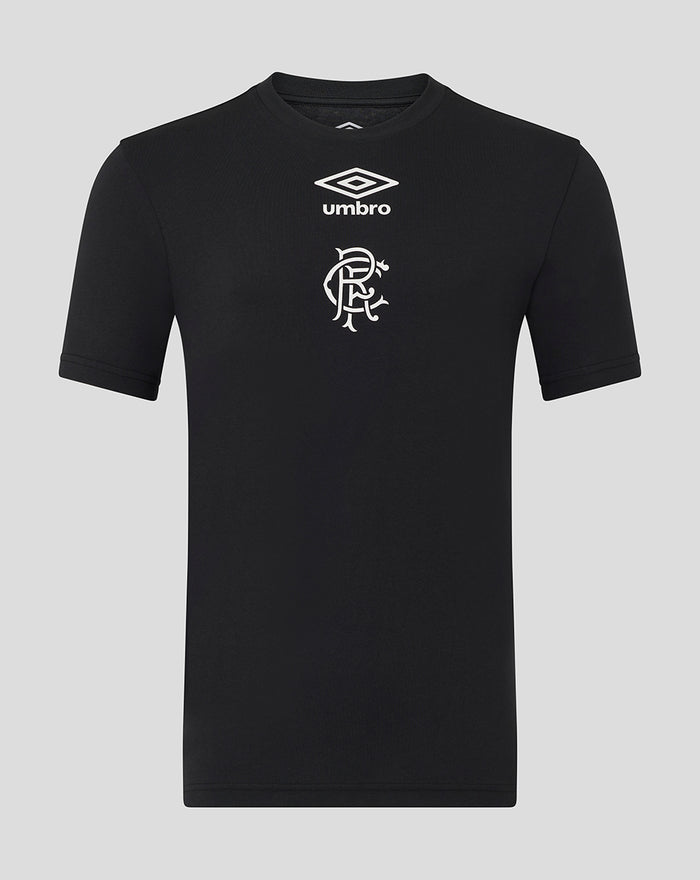 Black junior T shirt with white Umbro logo and club crest on the chest