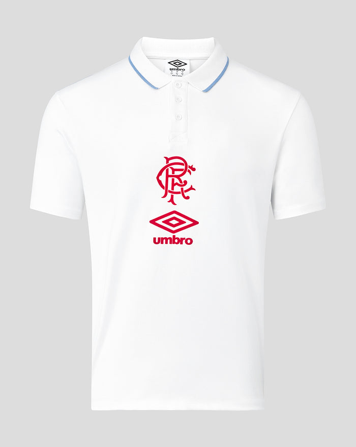 White polo shirt front view with red Rangers crest and Umbro diamond logo on the chest