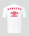 Back view of white polo with arched RANGERS lettering above Umbro diamond logo