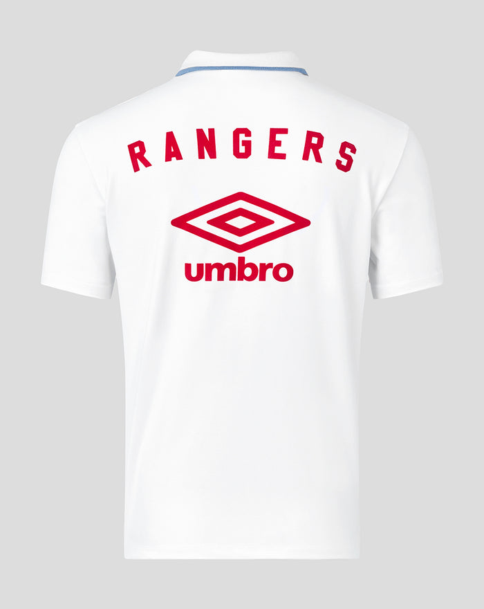 Back view of white polo with arched RANGERS lettering above Umbro diamond logo