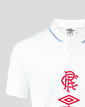 White travel short sleeve polo with blue collar trim and red club crest on the chest