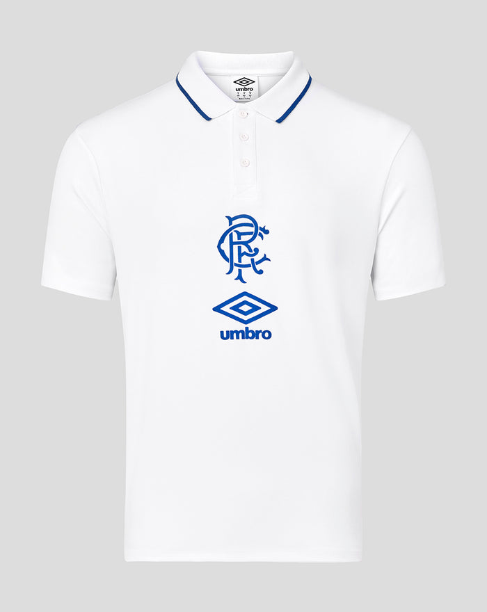 Front view of a white men's travel short sleeve polo with blue Rangers crest and Umbro logo on the chest