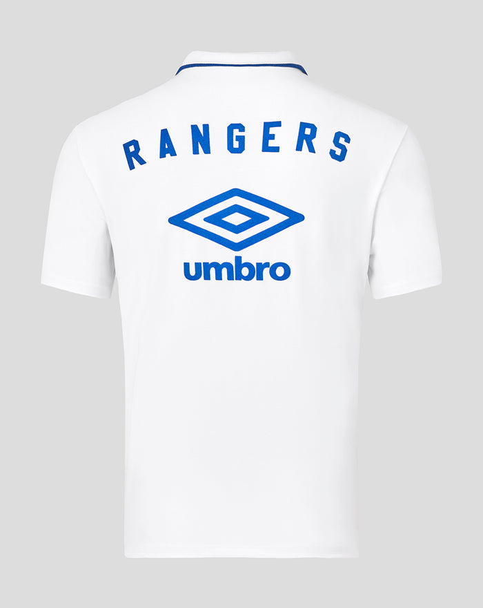 Back view of white polo shirt with blue Rangers arched text and large Umbro logo