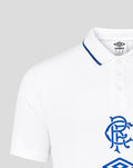 Close-up of white polo neckline showing blue trimmed collar with partial Rangers crest and Umbro logo