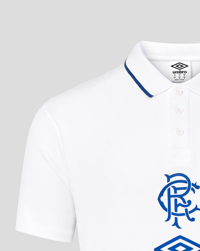 Close-up of white polo neckline showing blue trimmed collar with partial Rangers crest and Umbro logo