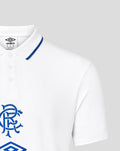 White travel short sleeve polo with blue collar trim and partial blue chest emblem