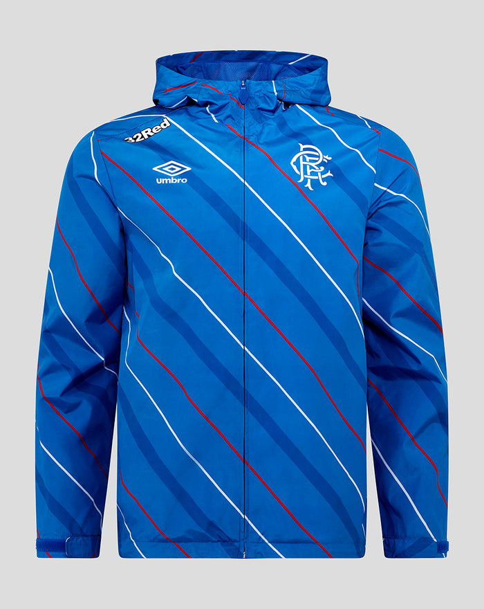 Blue junior home matchday packable shower jacket with diagonal white and red stripes, club crest and Umbro logo front view