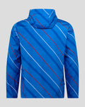 Back view of blue hooded matchday shower jacket with diagonal white and red stripes