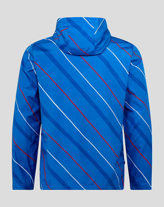 Back view of blue hooded matchday shower jacket with diagonal white and red stripes