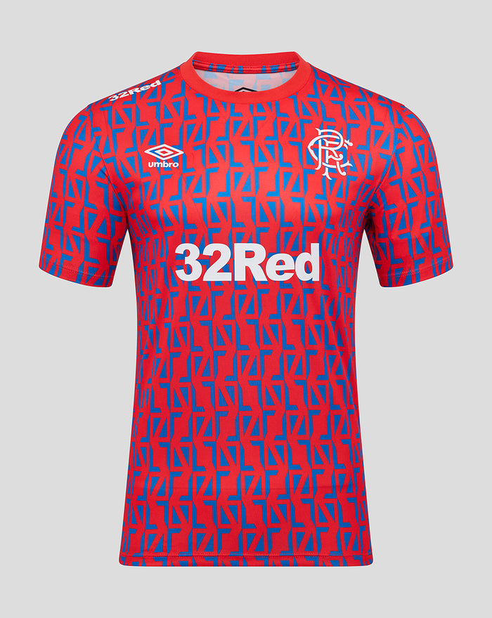 Unisex 25/26 Away Matchday Short Sleeve Tee in red with blue geometric pattern, featuring white Umbro logo, club crest and 32Red sponsor across the chest.