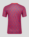 Back view of a unisex away matchday tee in red and blue geometric print with white Umbro logo and club crest.