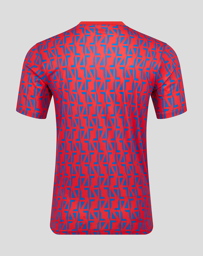 Back view of a unisex away matchday tee in red and blue geometric print with white Umbro logo and club crest.