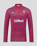 Front view of a red and blue geometric patterned unisex matchday quarter zip jersey with 32Red sponsor