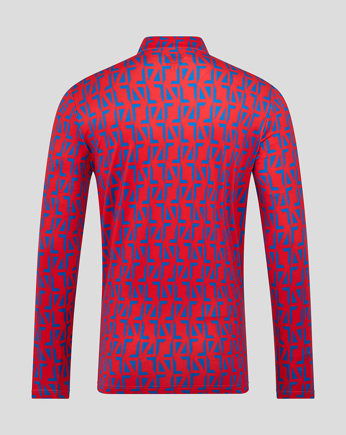 Back view of the red and blue geometric patterned unisex matchday quarter zip jersey