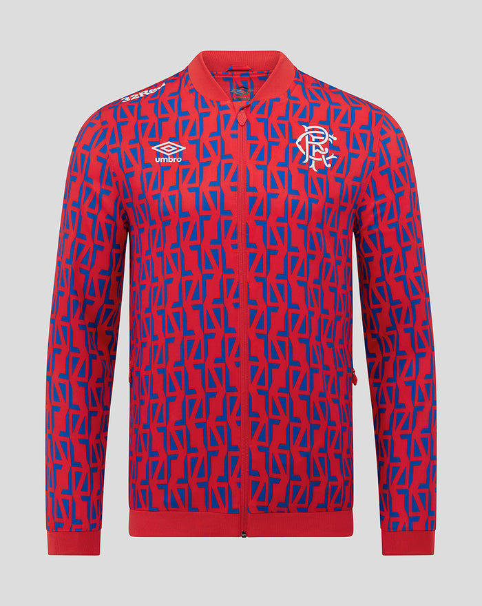 Unisex red and blue away matchday jacket with geometric print and club crest on the chest
