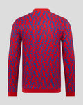 Back view of a red and blue geometric print unisex away matchday jacket with red cuffs and hem.