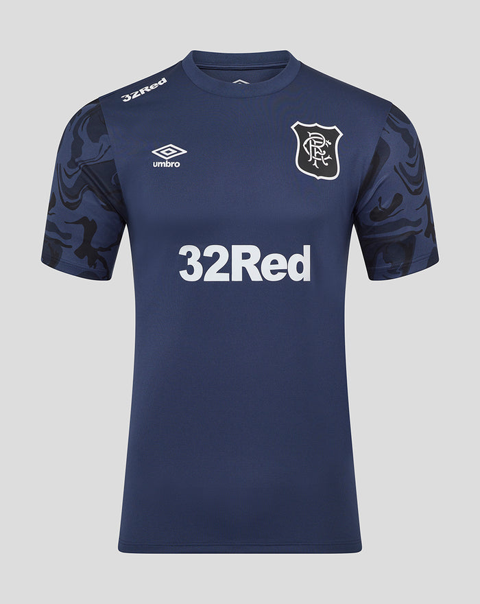 Front view of navy unisex third matchday short sleeve T shirt with 32Red sponsor and Umbro logo and camo sleeves