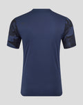 Back view of navy blue matchday short sleeve T shirt with camo patterned sleeves