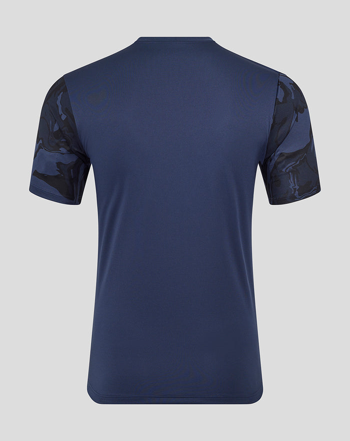 Back view of navy blue matchday short sleeve T shirt with camo patterned sleeves