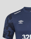 Close up of navy blue matchday T shirt showing 32Red branding on the shoulder and Umbro logo on the chest