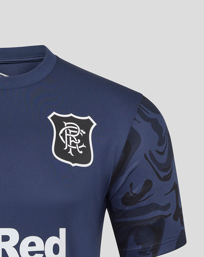 Front view of navy blue matchday T shirt with club crest on left chest and camo patterned sleeves