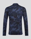Back view of navy camouflage unisex quarter zip top with long sleeves and collar