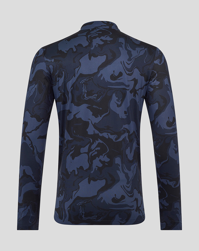 Back view of navy camouflage unisex quarter zip top with long sleeves and collar