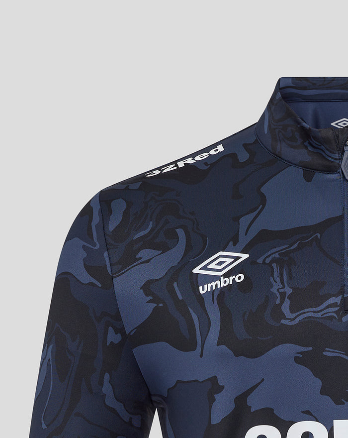 Navy camouflage print quarter zip top with collar, featuring Umbro logo and club crest on the chest