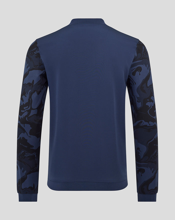 Back view of navy Third Matchday jacket with plain back and camo patterned sleeves