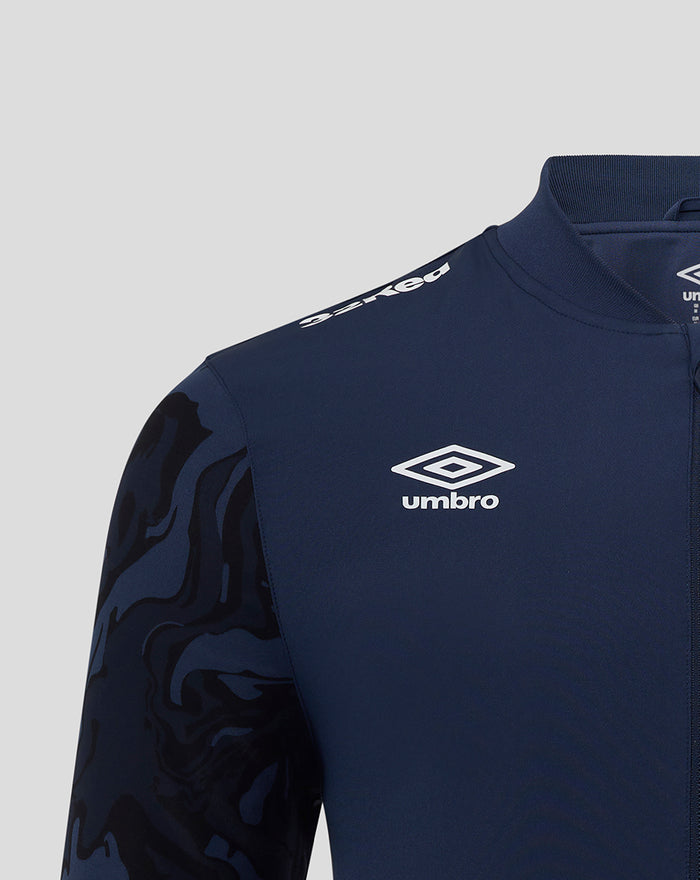 Navy Unisex Third Matchday Jacket close up showing center front zip and collar with Umbro logo and club crest on chest