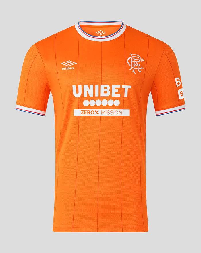 Front view of orange Rangers FC replica shirt with UNIBET sponsor, Umbro logo on the right chest and club crest on the left
