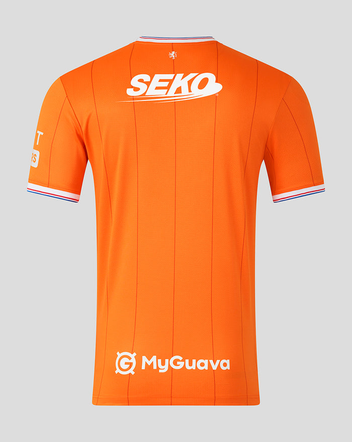 Back view of the orange Rangers FC shirt with SEKO sponsor across the upper back and MyGuava at the lower back