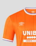 Close up of the orange Rangers FC jersey shoulder and chest showing the Umbro logo and UNIBET sponsor text