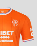 Rangers FC orange fourth shirt close up of chest showing Umbro logo on the collar and club crest on the left chest