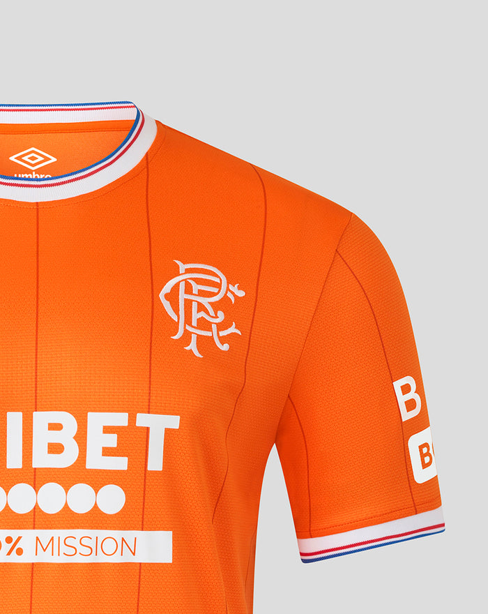 Rangers FC orange fourth shirt close up of chest showing Umbro logo on the collar and club crest on the left chest