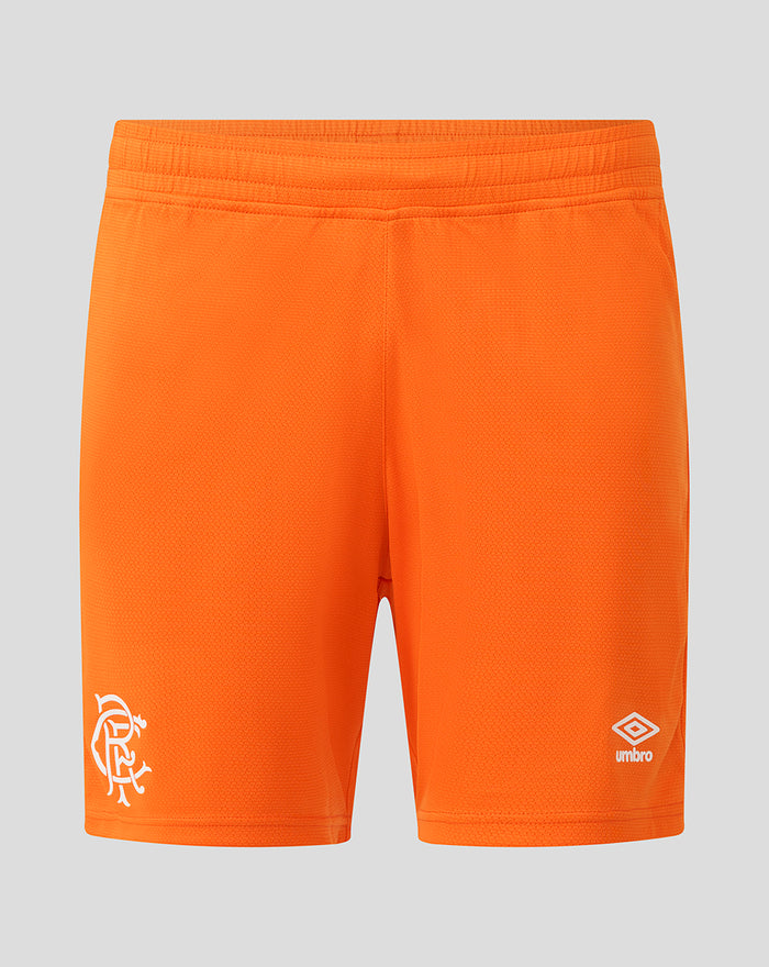 Front view of bright orange Rangers shorts with a white club crest on the left leg and the Umbro logo on the right leg.