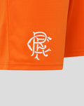 Close-up of white Rangers crest on the lower left leg of bright orange shorts.