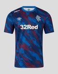 Front view of blue Rangers Armed Forces Day tee with dynamic multi-terrain print and a Rangers crest plus 32Red sponsor on the chest