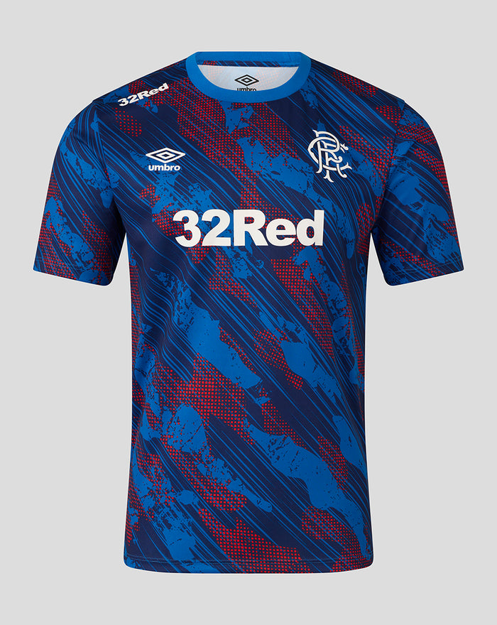 Front view of blue Rangers Armed Forces Day tee with dynamic multi-terrain print and a Rangers crest plus 32Red sponsor on the chest