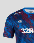 Close up of blue Rangers Armed Forces Day tee showing Rangers crest and Umbro logo with 32Red sponsor on the chest